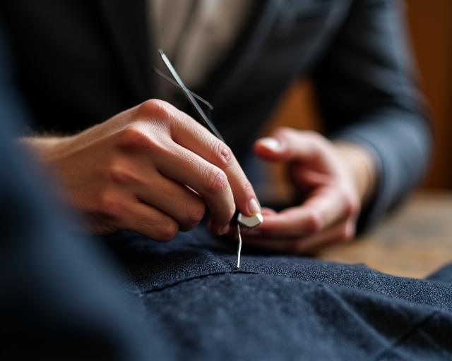 Artigiano sarto al lavoro su un tessuto di pregio