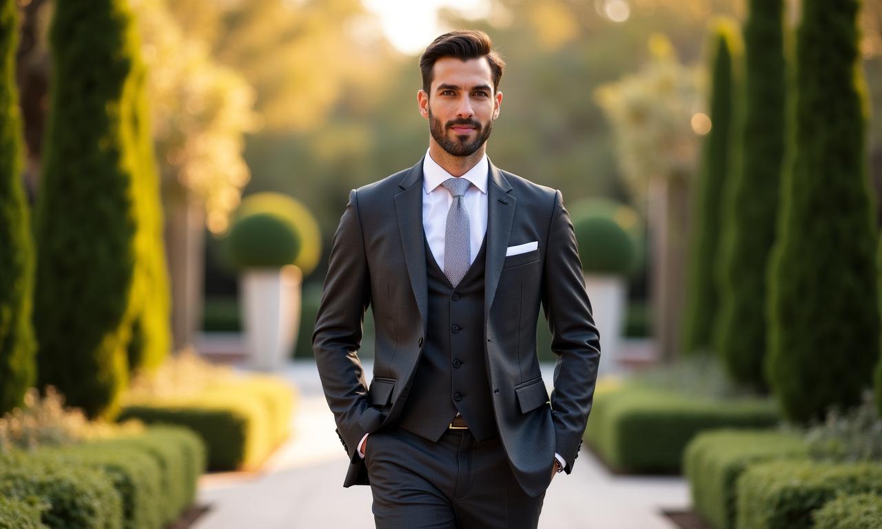 Invitato elegante in abito sartoriale grigio durante una cerimonia all'aperto