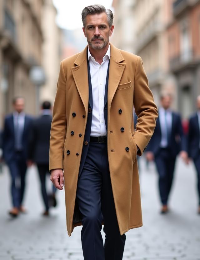 Uomo elegante con cappotto cammello classico