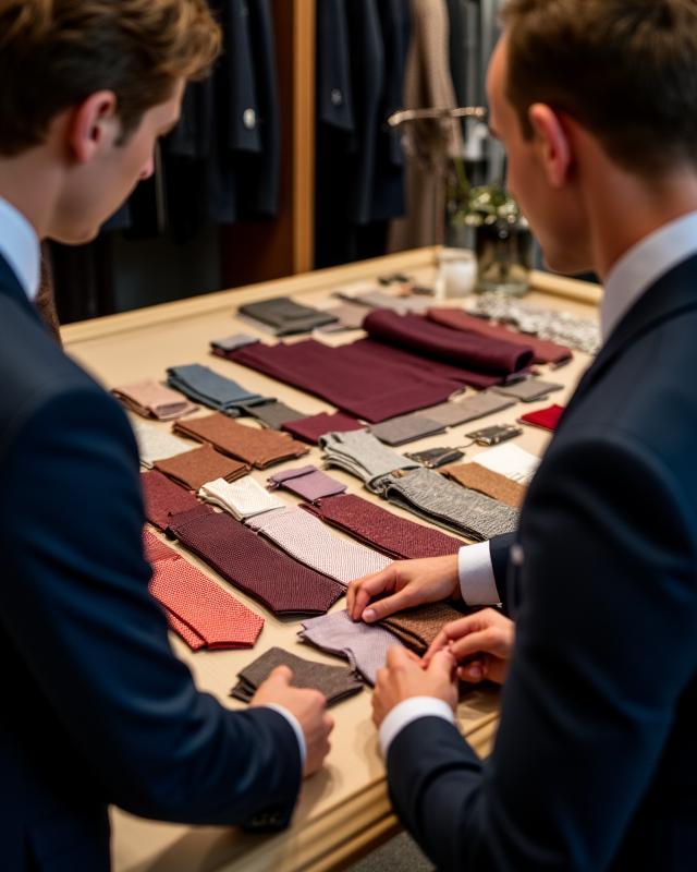 Consulente d'immagine che mostra abbinamenti di tessuti e accessori